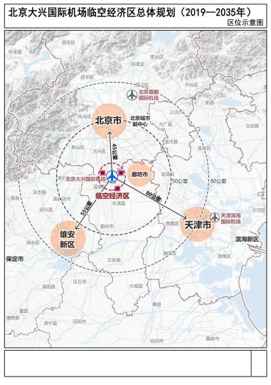 25日，《北京大興國(guó)際機(jī)場(chǎng)臨空經(jīng)濟(jì)區(qū)總體規(guī)劃(2019—2035年)》正式批復(fù)實(shí)施。圖為《臨空經(jīng)濟(jì)區(qū)總體規(guī)劃》區(qū)位示意圖?！￡惡?攝