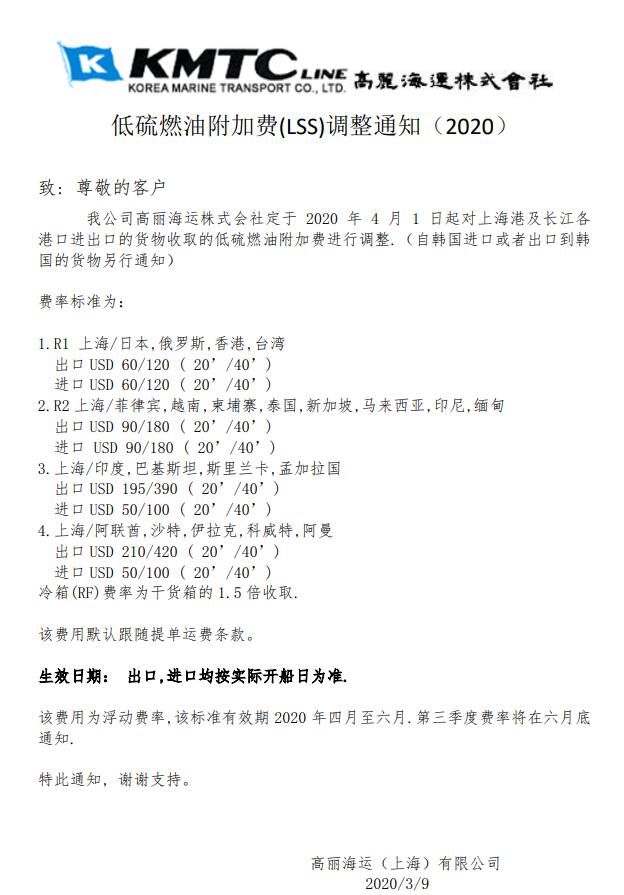 以色列的空運(yùn)-圖：KMTC關(guān)于4月起低硫燃油附加費(fèi)(LSS)調(diào)整通知