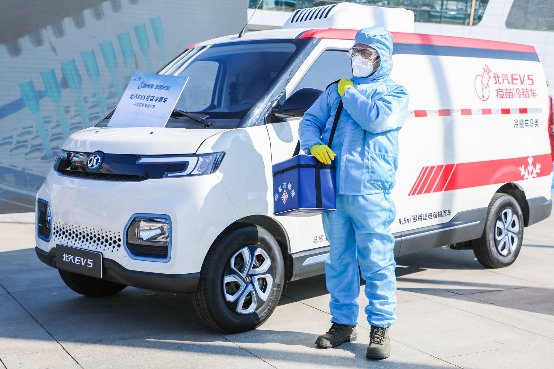 青島國際快遞-恒溫監(jiān)控零排放北汽EV5疫苗冷藏車送健康